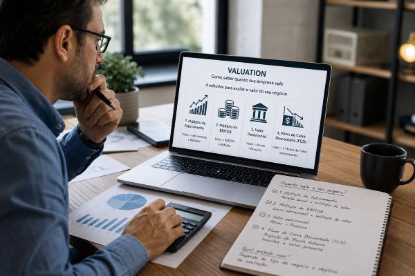 Dono de empresa calculando o valor do negócio